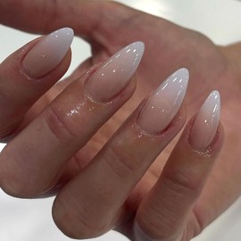Press on Nails Medium Almond SWEKKE French Fake Nails Nude Full Cover White Gradient False Nails with Designs Glossy Glue on Nails Acrylic Nails Manicure Artificial Nails for Women Girls 24Pcs