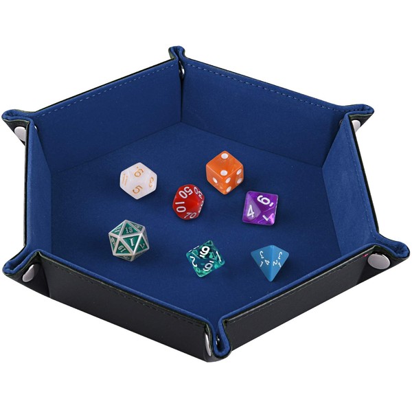 SIQUK Double Sided Dice Tray, Folding Hexagon PU Leather and Dark Blue Velvet Dice Holder for Dungeons and Dragons RPG Dice Gaming D&D and Other Table Games