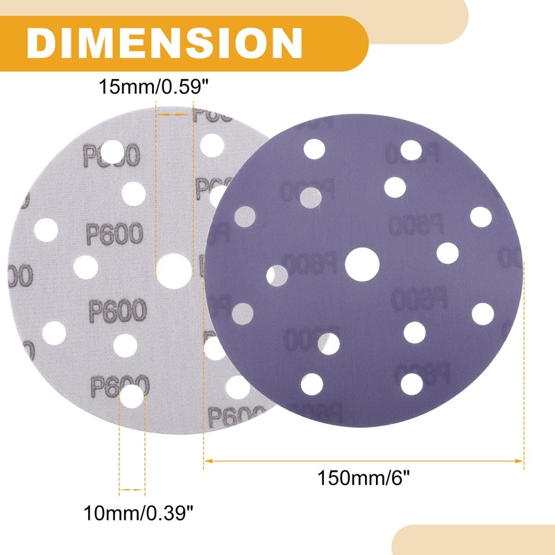 Partuto 50 Pcs 6" 15 Hole 600 Grit Universal Sanding
