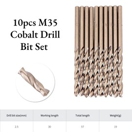 10-Piece M35 HSS Cobalt Drill Bit Set HSS-CO Spiral Drill Bit Set 1 - 5 mm, for Drilling through Stainless Steel