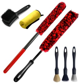 maytcang 7-Pack Wheel Cleaning Brush Kit with Red Weel Brushes, Detail Brushes, Tire Brush, and Towel for Car Tire Care