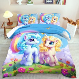 llyxsesty Unicorn Comforter Set Twin,Kawaii Unicorn Bedding Set Twin Kids,Rainbow Comforter Blue Bedroom Decor,Cute Animal Bedding Rainbow Bed Decor for Girls,Cartoon Blue Floral Quilt