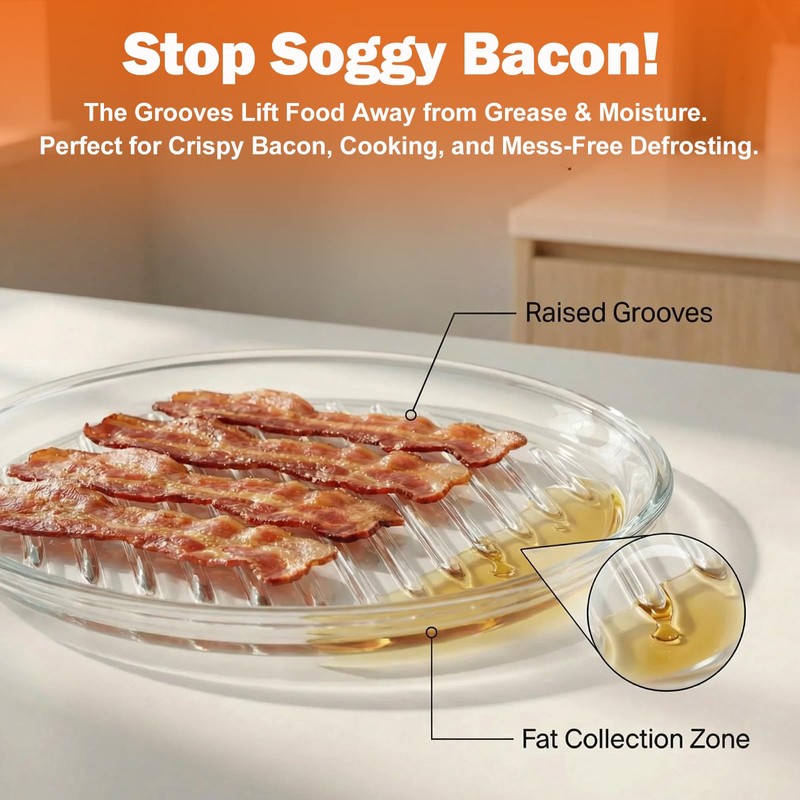 HoPliGhe Round Glass Bacon Tray for Microwave and Oven, 9.84
