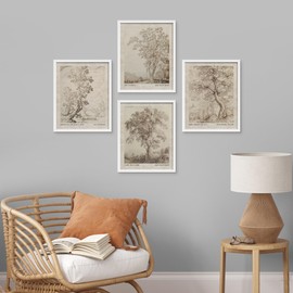 SIGNWIN Framed Poster Vintage Landscape Sketch Antique Tree Wilderness Nature Illustrations Fine Art Decorative Country/Farmhouse Vintage for Living Room, Bedroom, Office - 11"x14"x4 White