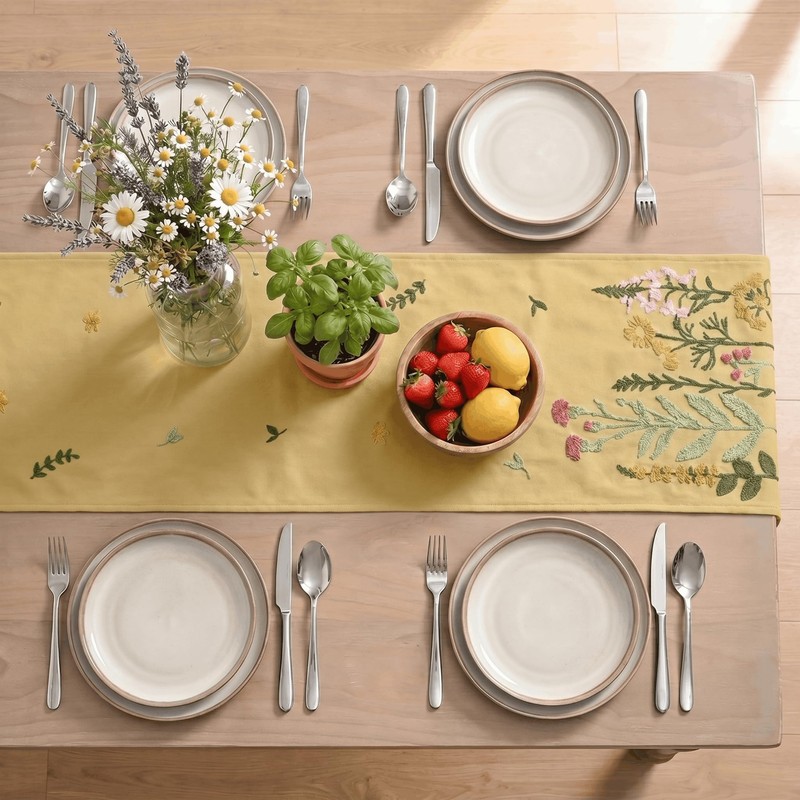 Light Camel Soft Chain Embroidery Wild Floral Spring Table Runner,