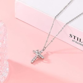 iMiibel Crown Cross Necklace for Women,14K Silver Plated Crown Cross Pendant Necklace SimpleCubic Zirconia Silver Necklaces Faith Cross Jewelry First Communion Necklace