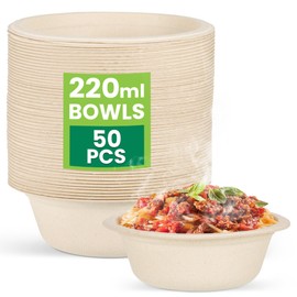 Hejo 50 Stück Pappschalen, 220 ml Suppenschalen, Geschirr Schalen Kompostierbar, Braun Pappschüssel aus Zuckerrohr Zellstoff für Party, Picknick