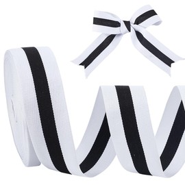 AHANDMAKER 25 Yards Grosgrain Ribbons Striped Polyester Ribbons Checked Polyester Fabric for DIY Crafts Gifts Wrapping Bouquets (5/8 Inch Wide), Black White Stripes)