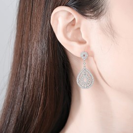 VIKI LYNN Copper Waterdrop Teardrop Cubic Zirconia Long Sweater Necklace and Earrings Jewelry Set for Women, Copper 18K white gold plated Cubic Zirconia, Cubic Zirconia