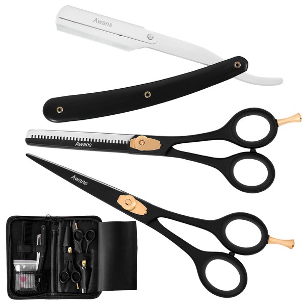Zebra Pattern Professional Hairdressing Scissors Set - High Quality Stainless Steel Sharp 6" Hairdressing Scissors Set - Package Includes 1 x Barber Scissors + 1 x Thinning Scissors + 1 x Straight Edge Cut Throat Shaving Razor + 1 x Hair Comb and Cleanin