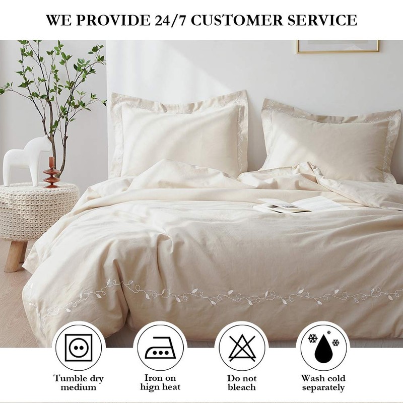 BISELINA French Linen Duvet Cover Set 3pcs Embroidered Willow Leaf