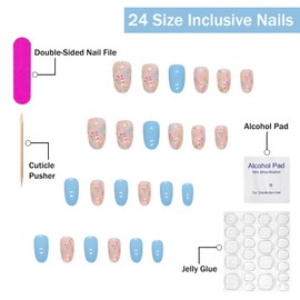 Press on Nails Short Oval SWEKKE Fake Nails Blue Full Cover Floral False Nails with Designs Glossy Glue on Nails Stick on Nails Acrylic Nails Artificial Nails for Women Girls 24Pcs