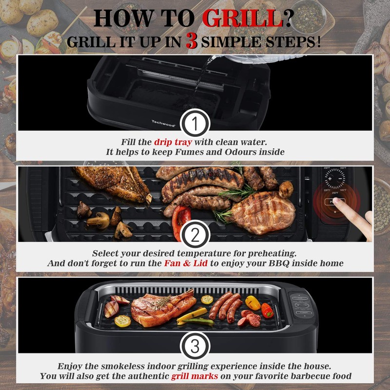 Techwood 1500W Smokeless Indoor Electric Grill with Non-Stick Plates and