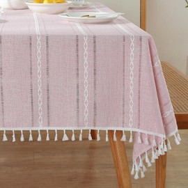 meioro Bohemian Tablecloth for Kitchen Decoration, 120 x 160 cm Macrame Tablecloth with Tassels, Rectangular Linen Table Linen, Striped Tablecloth, Mesh Tablecloths for Dining Table, Tabletop (Pink)