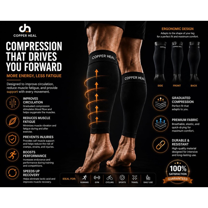 COPPER HEAL Calf Copper Compression Sleeves (1 Pair) for Training,