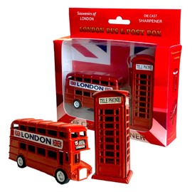 London Souvenir Pencil Sharpeners Set - Die Cast Metal Sharpener - British Souvenir England UK Gift - 2 x London Icons Pencil Sharpener Red Bus & Telephone Box