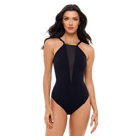 Amoressa Women's Swimwear Gold Standard Bullion High Neckline Mesh Inset One Piece Swimsuit, Black, 08