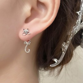 Inilbran Boho Cat Ear Jacket Earrings Silver Cat Stud Earrings Vintage Cat Jacket Earrings Tiny Funny Cat Earrings Jewellery for Women and Girls, Zinc, No Gemstone