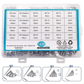 Homtone 1220 Pieces Screws Set, M2 M3 M4 M5 Made of 304 Stainless Steel Hex Head, Socket, Head, Bolts, Nuts, Washers, Various Sizes, with Hex Key (Flat Head)