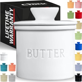 PriorityChef Butter Crock for Counter with Water Line For Spreadable Butter, Ceramic Butter Keeper, French Butter Dish with Lid, White