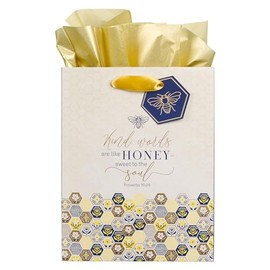 Christian Art Gifts Medium Portrait Inspirational Scripture Gift Bag, Tag & Wrapping Tissue Paper Set for Women: Kind Words are Like Honey Bible Verse, Soft White, Yellow, Gold & Navy, Cute Bumblebee