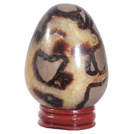 KYEYGWO Natural Septarium Crystal Egg Shaped Stone with Wooden Stand, Polished Healing Crystal Sculpture Easter Ornament for Home and Office Decoration, 60-75 mm