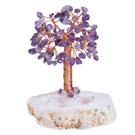 mookaitedecor Amethyst Natural Crystal Money Tree with Druzy Geode Quartz Base, Copper Wire Wrapped Fengshui Tree Figure for Office Home Decoration, Symbol of Wealth and Happiness