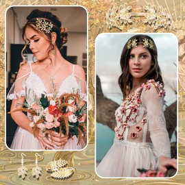 MILACOLATO Greek Goddess Costume Accessories Set for Women Golden Laurel Leaf Crown Headband Upper Arm Cuff Coil Bracelet Pearl Leaf Dangle Earring Bridal Wedding Headpiece Jewelry
