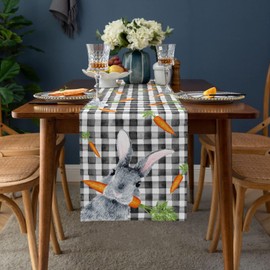Happy Easter 13x70inch Burlap Table Runners, Bunny Carrot, Cotton Linens Table Runner Cloth Dresser Scarves for Parties Holiday, Coffee/Dinning Table Runner, Buffalo Plaid Easter Decoraion