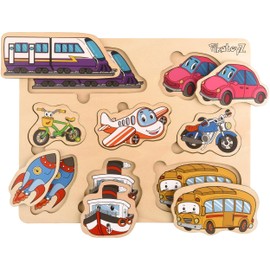 Pikatoyz Steckpuzzle Holz ab 1 Jahr, 2 3 Jahre. Kinderspiele Holzpuzzle Montessori der Transportmittel. Steckspiel für Baby Junge und Mädchen. Kinderpuzzle.