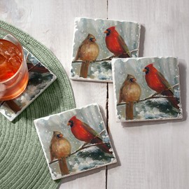 Counterart Absorbent Tumbled Tile Stone Coaster Set - Winter Birds