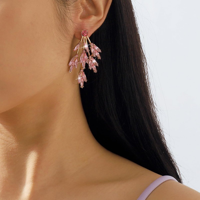 Rhinestone Leaf Statement Earrings Pink/Green/Rose Crystal Flower Earrings Trendy Bell