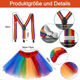 6 Stück Kostüm Damen Regenbogen - Regenbogen Tüllrock mit Feder Haarreif Stirnband Riemen Kniestrümpfe Beinwärmern Handschuhen - Kostüm Bunt Damen Karneval - Tüllrock Damen Regenbogen Lustig