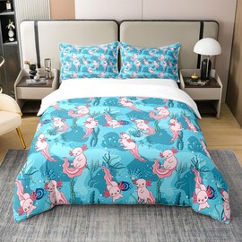 Axolotl 100% Organic Cotton Duvet Cover, 135 x 200 cm, Cartoon Fish Bedding Set for Teenagers, Teal Ocean Reptile Comforter Cover, Nautical Coral Shell Bed Sets with 1 Pillowcase, Bedroom Decor