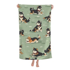 VODRM Cute Shiba Inu Beach Towel,32x52in Microfiber Quick Dry Cartoon Dog Puppy Green Bath Towels,Soft Lightweight Oversized Sand Free,for Travel Pool Swimming Gym Decor,Gifts