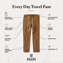 Roark Layover Traveler Pants - Men's Lightweight Travel Pants, Breathable Pants for Men, Travel Pants for Men on Plane, Ideal for Hiking & Everyday Wear, Dark Khaki, 40