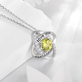 Birthstone Love Knot Pendant Necklace - 925 Sterling Silver Firework-Cut Cubic Zirconia Love You Forever Necklace Anniversary Birthday Jewelry Gift for Women Wife Mom Daughter (H.August)