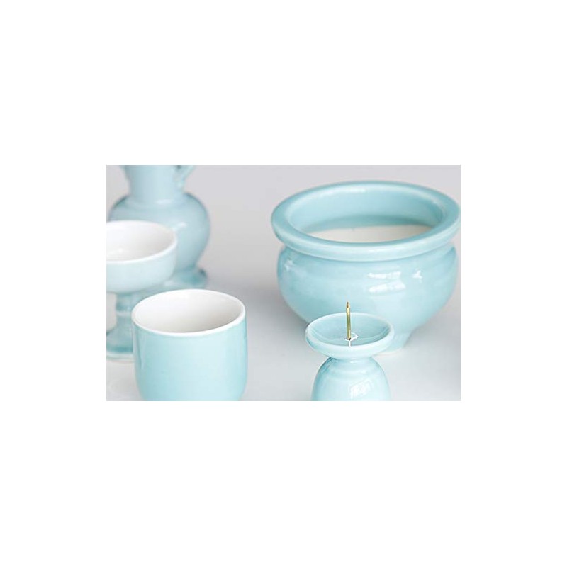 Yamako Japanese Buddhist Altar Set, Celadon, Blue Background, Pottery 5