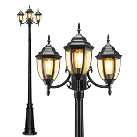 HORTUZZ Lamp Post Outdoor Lighting, 3-Head Black Hard Wired Pole Light for Outside, E26 Base Maximum 100W (Bulb Not Included), Waterproof Street Light Fixture for Yard, Garden, Driveway (Classic)