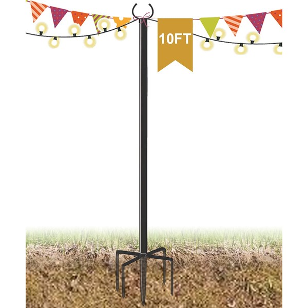 Derkniel 10 FT Outdoor String Light Pole Stand for Garden Lawn, Adjustable Globe Patio Light Post for Hanging Outside Decorate Lighting, 1 Pack, Black