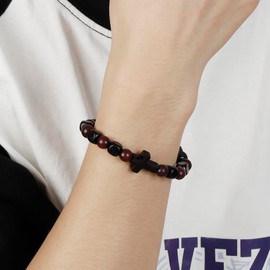 MILAKOO Wooden Bracelet with Black Stainless Steel Cross Charms Bead Christian Gifts for Women Men, Stainless Steel, No gemstone