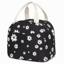 Lunch Bag for Women Grils Reusable Insulated Lunch Box for Work School Picnic Beach (Daisy Black)