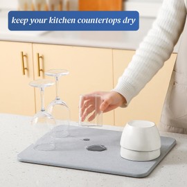 Plentio Quick Dry Stone Drying Mat for Kitchen Counter, Water-Absorbent Diatomaceous Dish Drying Mats, Multi-Purpose Stone Drying Tray for Cups Dishes Bottles, Light Gray, 15.7"L x 11.8"W