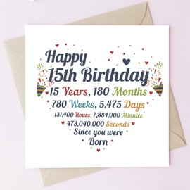 TEEMI-Birthday Card For Daughter, Son - Birthday Gifts Party Decorations Supplies - Size 5x7inch Folded Card for Girls, Boys, Son, Daughter include Envelope and Sticker (15th Birthday)
