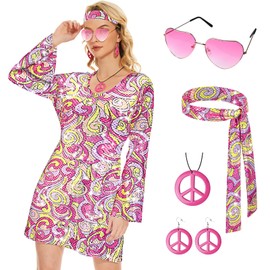 JONRRYIN Hippie Costume Women's Set, 60s 70s Dress Hippie Clothing Women Girls Disco Dresses with Sequins, Fashion Abba Outfit with 60s Costume Accessories, Clothing Women for Carnival Party (M)