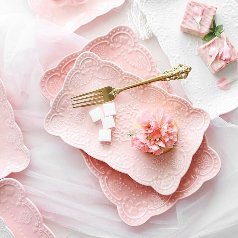 YBK Tech Elegant Rectangle Embossed Lace Plate Bone China Dessert