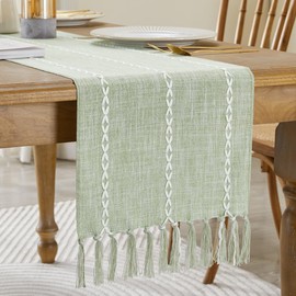 Wracra Cotton Linen Table Runner Farmhouse Style Desert Sage Table Runner 230cm with Hand-tassels for Party, Dining Room Decorations Dessert Table Decor(Desert Sage, 230cm)