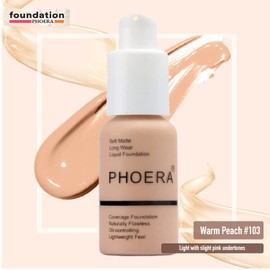 Phoera Foundation Full Coverage Makeup Set - Includes x2 Warm Peach 30ml Matte Foundation, 6ml Face Primer & Liquid Foundation Brush for Easy Application
