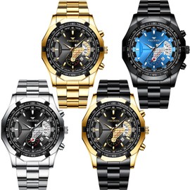 yunanwa 4 Pack Men's Stainless Steel Watches Waterproof Date Luminous Big Face Gold Silver Black Blue Business Dress Sports Luxury Casual Analog Quartz Wrist Watches Set Assorts Wholesales (Black)