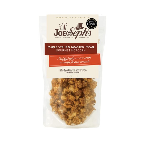 Joe & Seph's Maple Syrup & Roasted Pecan Gourmet Popcorn (1x80g) |1 Star Great Taste Award, gourmet popcorn, air-popped popcorn, popcorn bag, on the go snack, sweet popcorn, nuts